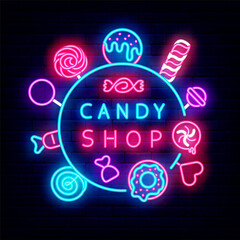 Candy shop neon signboard with lots of sweets. Round layout with text. Sweet store logo. Vector stock illustration