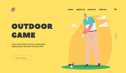 Outdoor Game Landing Page Template. Summertime Leisure, Sport Training or Competition. Young Smiling Man Playing