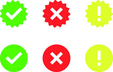 Set of green check mark, red x mark and yellow exclamation point icons, buttons on white background.