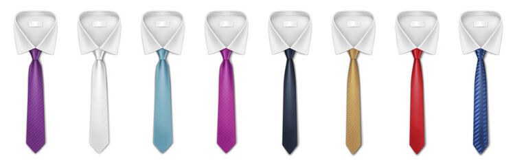 Set of realistic ties on white shirts collars for formal wear. Classic cravats for male clothes