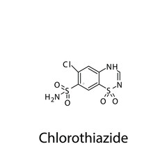 Chlorothiazide molecular structure, flat skeletal chemical formula. Thiazide diuretic drug used to treat Edema, Heart failure. Vector illustration.