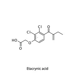 Ethacrynic acid molecular structure, flat skeletal chemical formula. Loop diuretic drug used to treat Edema. Vector illustration.