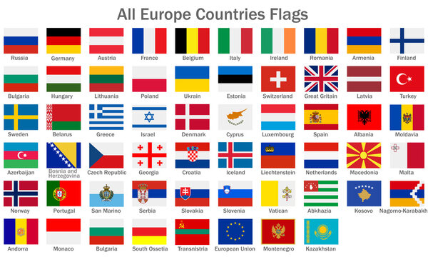 All Europe contries flags. State flags of European countries isolated on white background.
