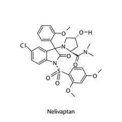 Nelivaptan molecular structure, flat skeletal chemical formula. Vasopressin antagonist drug used to treat Hyponatremia, SIADH. Vector illustration.