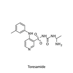Toresamide molecular structure, flat skeletal chemical formula. Loop diuretic drug used to treat Edema, Heart failure, nephrotic syndrome. Vector illustration.