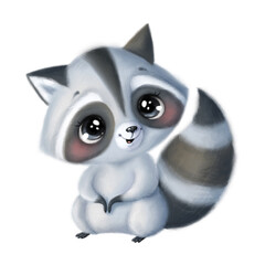 Illustration of a cute cartoon raccoon isolated on a white background. Cute cartoon animals. - obrazy, fototapety, plakaty