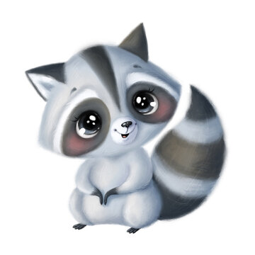 Illustration of a cute cartoon raccoon isolated on a white background. Cute cartoon animals.