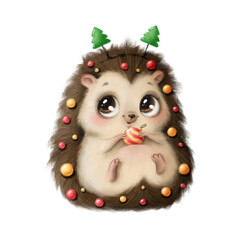 Illustration of a cute cartoon Christmas hedgehog isolated on a white background. Cute cartoon Christmas animals. © Bonbonny