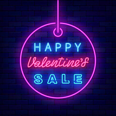 Happy Valentines Sale neon sign in circle label. Light advertising. Vector stock illustration