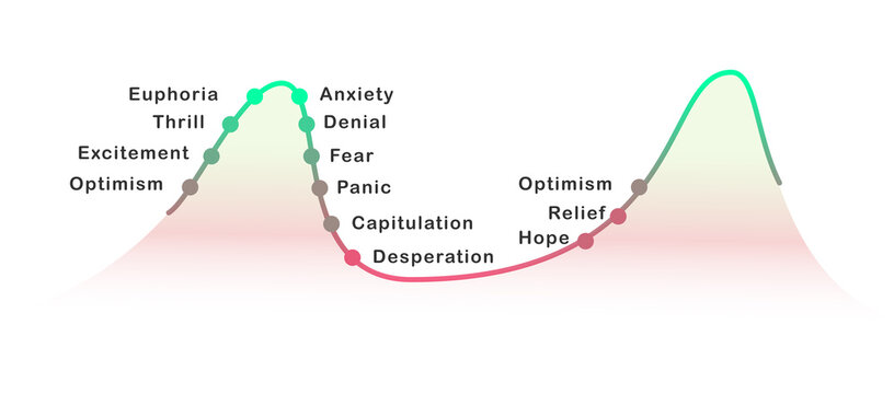 Financial markets psycology cycle stages of emotions, from optimism to panic selling. Euphoria to capitulation.
