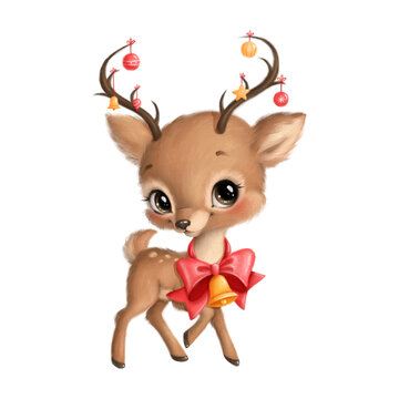 Illustration of a cute cartoon Christmas deer isolated on a white background. Cute cartoon Christmas animals.