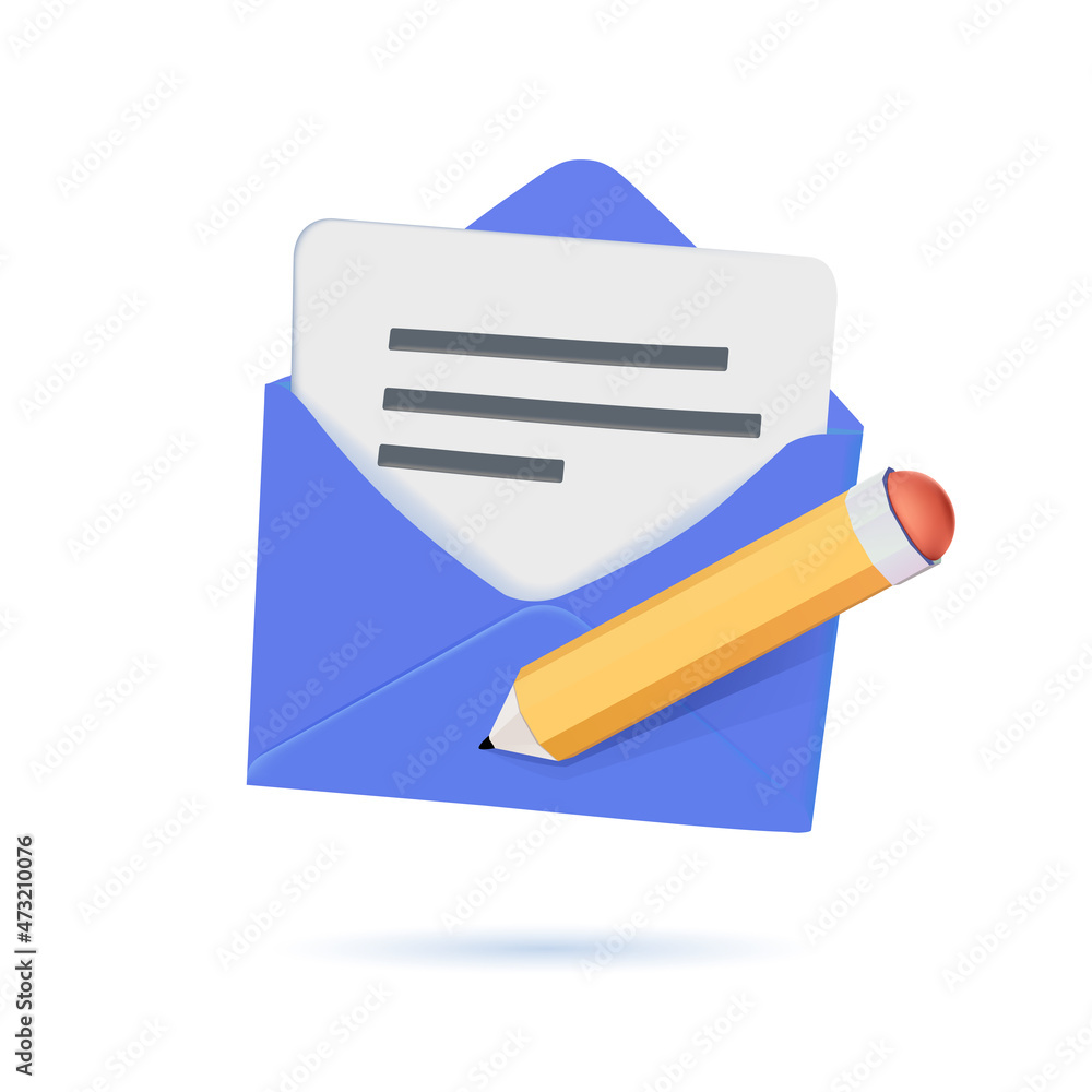 Aufkleber written message in envelope. yellow open volumetric package with note. pink stylish pen for writing.