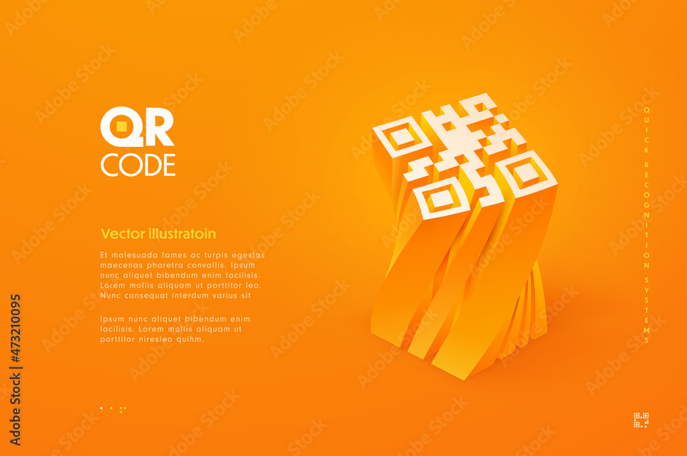 Wall mural 3d qr code vector illustration. Three dimensional barcode on the orange background with abstract typography