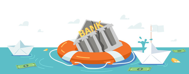 Bankruptcy, Global Collapse, Crash Concept. Sinking Bank Broken Building Float on Lifebuoy Try to Survive during Crisis