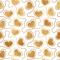 Heart seamless pattern. Gold hearts design  for love printing. Repeated golded background. Golden foil printed. Repeating pattern. Glitter luxury patern. Gift wrapper for girls and women. Vector - obrazy, fototapety, plakaty