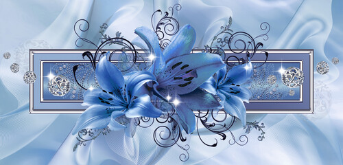 3D-image blue lilies with floral ornaments and silver frame on a lightblue abstract background