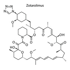 Zotarolimus molecular structure, flat skeletal chemical formula. immunosuppressant, calcineurin inhibitor drug used to treat Organ transplant rejection. Vector illustration.