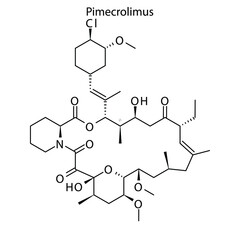 Pimecrolimus molecular structure, flat skeletal chemical formula. immunosuppressant, calcineurin inhibitor drug used to treat Eczema, atopic dermatitis. Vector illustration.