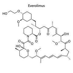 Everolimus molecular structure, flat skeletal chemical formula. immunosuppressant, mTOR inhibitor drug used to treat Breast cancer. Vector illustration.
