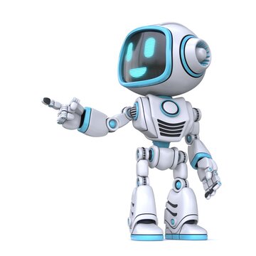 Cute blue robot finger pointing 3D