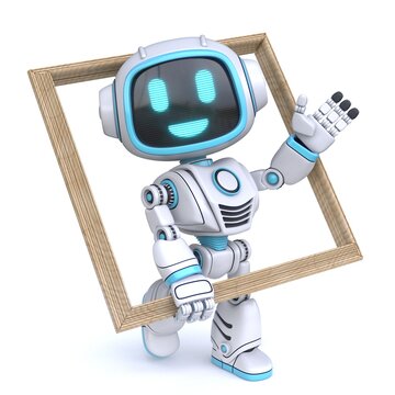Cute blue robot hold wooden frame 3D
