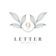 Number 9 Floral and Botanical Logo. Nature Leaf Feminine for Beauty Salon, Massage, Cosmetics or Spa Icon Symbol