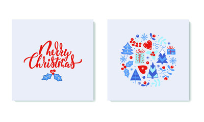 Merry Christmas set of two greeting cards with holidays symbols drawing in doodle style. Hand lettering typography. Modern brush calligraphy. Vector illustration for icon, badge, banner, poster, card