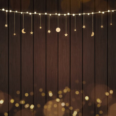 Beautiful Warm White String Lights and Bokeh on Dark Brown Wood