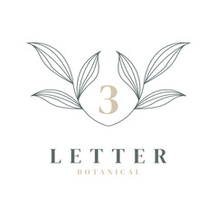 Number 3 Floral and Botanical Logo. Nature Leaf Feminine for Beauty Salon, Massage, Cosmetics or Spa Icon Symbol
