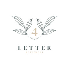 Number 4 Floral and Botanical Logo. Nature Leaf Feminine for Beauty Salon, Massage, Cosmetics or Spa Icon Symbol