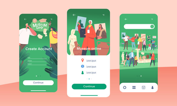 Museum Online Mobile App Page Onboard Screen Template. Family Characters Visit Museum of Ancient History and Art Exhibit