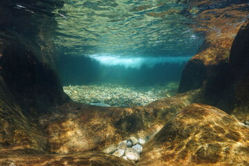 Stream underwater with clear water and rocky riverbed, natural scene, Tamuxe river, Spain, Galicia