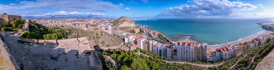 Fototapeta premium Scenic Alicante panoramic view from Santa Barbara Castle at Serra Grossa San Julian Mountain in Alicante, seaside city of Alicante, Spain