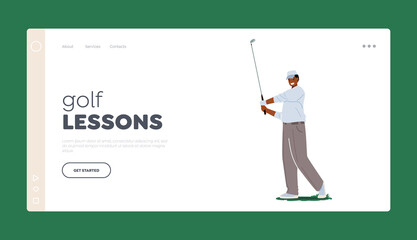 Golf Lessons Landing Page Template. Golfer Hit Ball with Golf Club, Concentrated Sportsman Hobby and Outdoor Activity