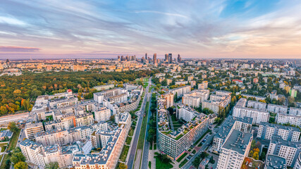 Aerial view of Warsaw distant city center at sunset from Wola