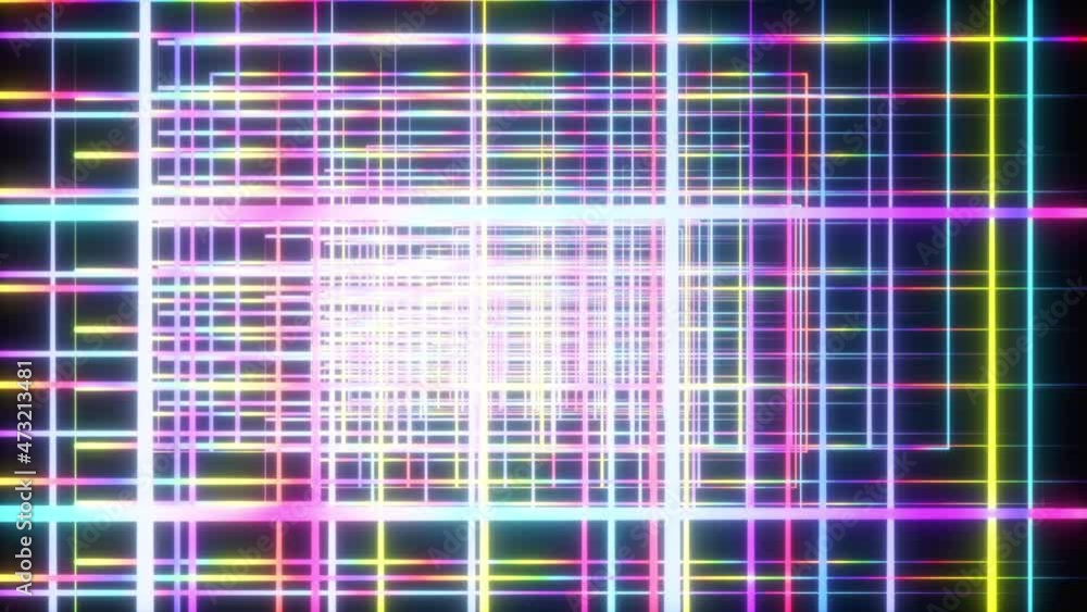 Poster geometric 3d render intersecting lines in digital synthwave. thin strips rays running along vaporwav