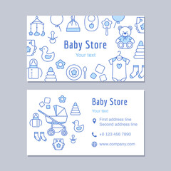 Baby store business or discount card outline design template. Thin line creative identity on white background. Kids clothing, toy, apparel, furniture. Contact, mobile phone, web vector illustration.