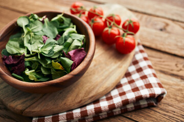 salad plate vegetables fresh ingredients wooden table kitchen