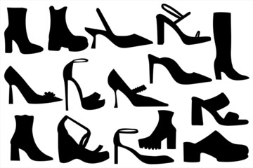 Shoes silhouettes. Elegance dressing accessory. Court shoe, high heel shoe lady fashion black shadow set silhouettes icon. Vector illustration, EPS10
