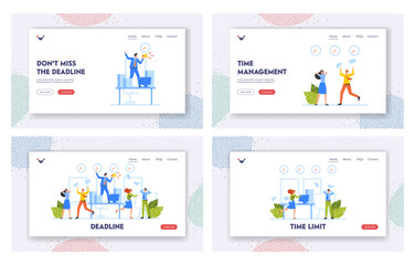 Naklejka na ściany i meble Deadline, Urgent Work Landing Page Template Set. Anxious Business Characters in Chaos Office Workplace, People Run