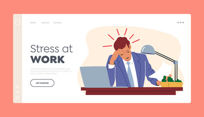 Stress at Work Landing Page Template. Overload Stressed Employee in Office. Overloaded Confused Business Man at Laptop