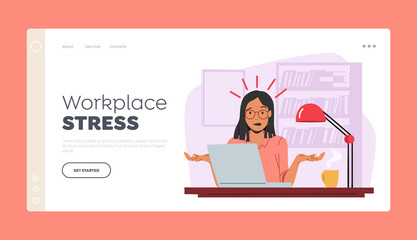 Workplace Stress Landing Page Template. Overloaded Confused Business Woman Sit at Laptop in Office. Deadline, Multitask