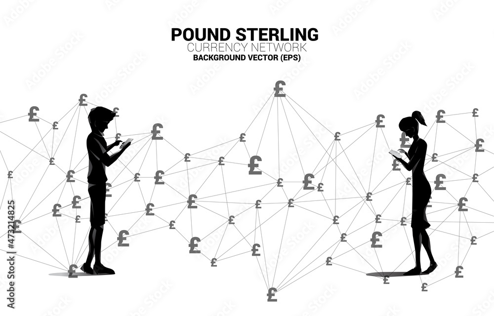 Poster silhouette of man and woman use mobile phone with money pound sterling currency icon from polygon co