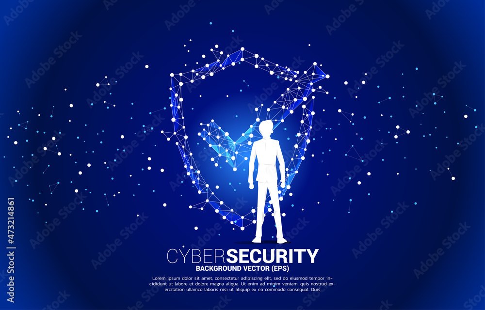 Poster vector silhouette of businessman with protection shield icon from dot connect line polygon network. 