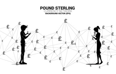Silhouette of man and woman use mobile phone with money pound sterling currency icon from Polygon connect line. Concept for British financial network connection.