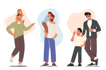 Fototapeta premium Set Happy Fathers with Children, Bonding, Love. Family Characters Dads, Sons or Daughter Spend Time Together, Fun