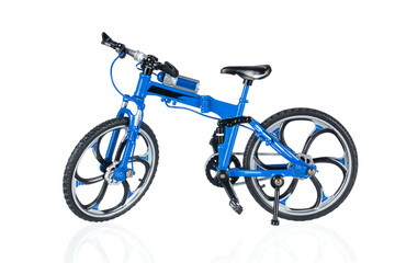 Fototapeta na wymiar Blue bicycle toy, isolated on a white background. Realistic toy bike.