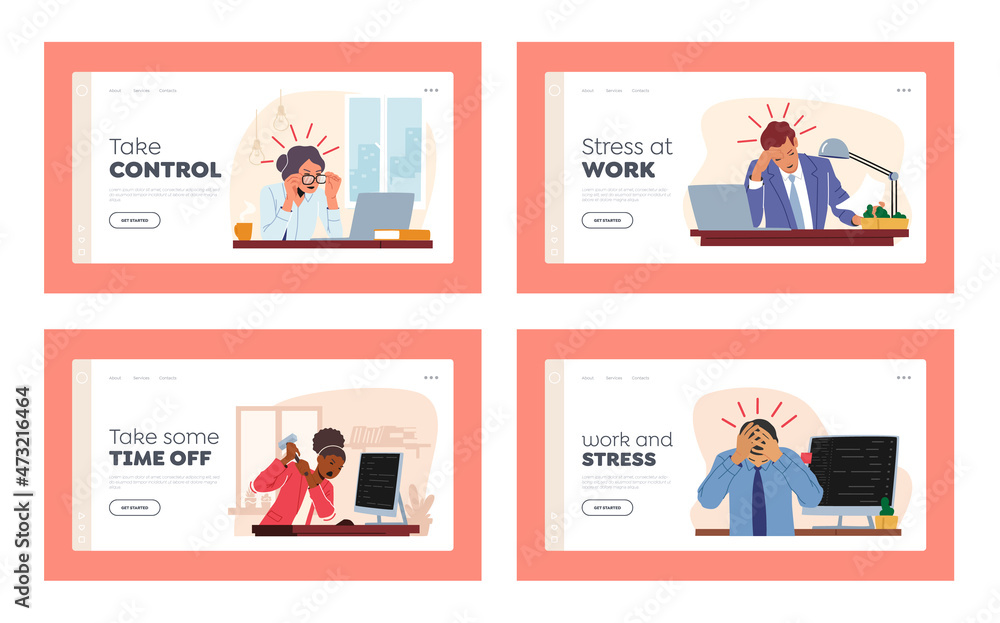 Poster professional burnout landing page template set. exhausted managers characters at work sitting at tab