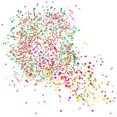 Colored circle pattern with geometric elements on white. Holiday background with confetti. Texture from glitters. Festive frame. Print for banners, posters, t-shirts and textiles. Greeting cards