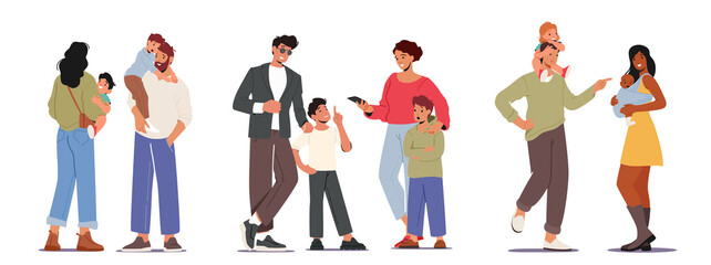 Set Loving Parents with Children, Mother and Father Caucasian and African Ethnicity Characters with Babies and Toddlers